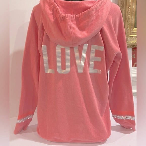 Victoria Secret’s V-Neck Pink Hoodie Sweatshirt Sequin Trim Women’s Size L NWOT - Picture 3 of 15